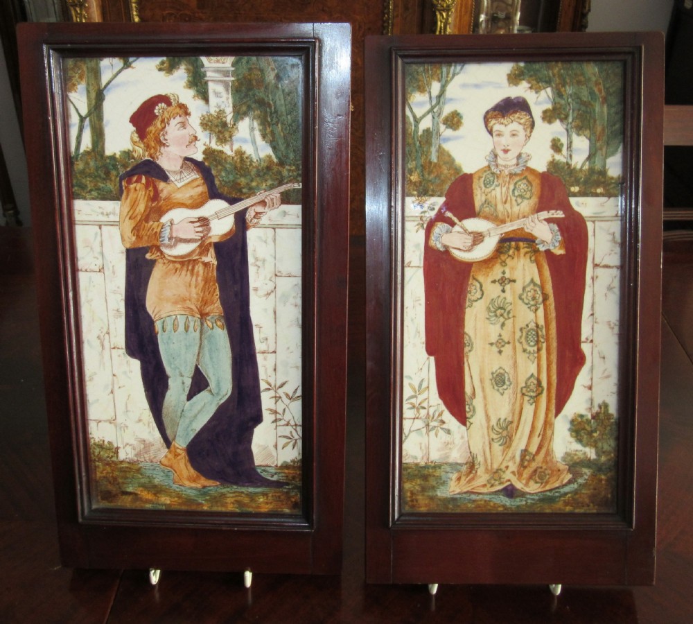 FINE PAIR ROMANTIC MEDIEVAL STYLE FRAMED TILES c1880 View IV