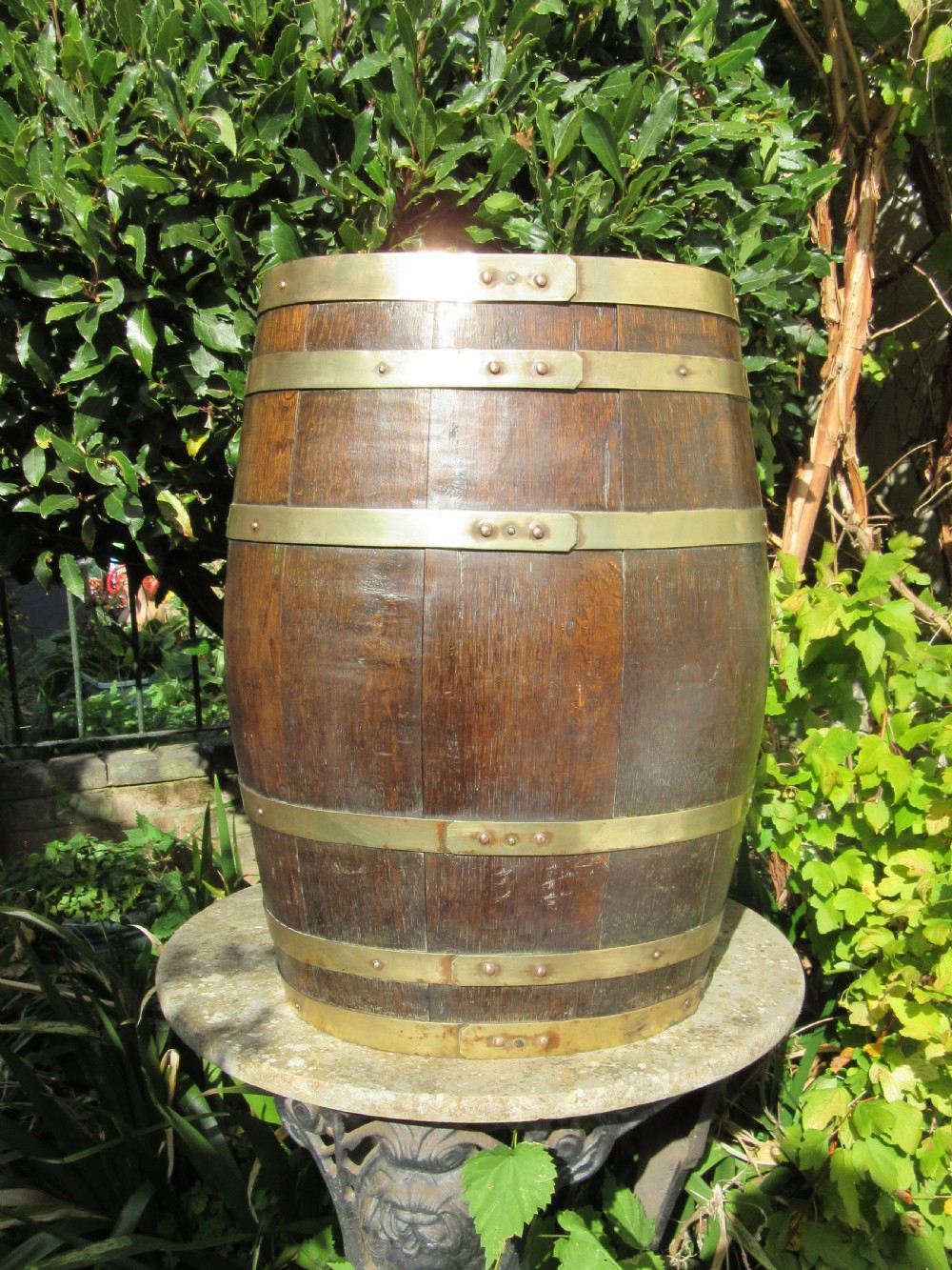 ANTIQUE OVAL COOPERED OAK & BRASS BARREL View II