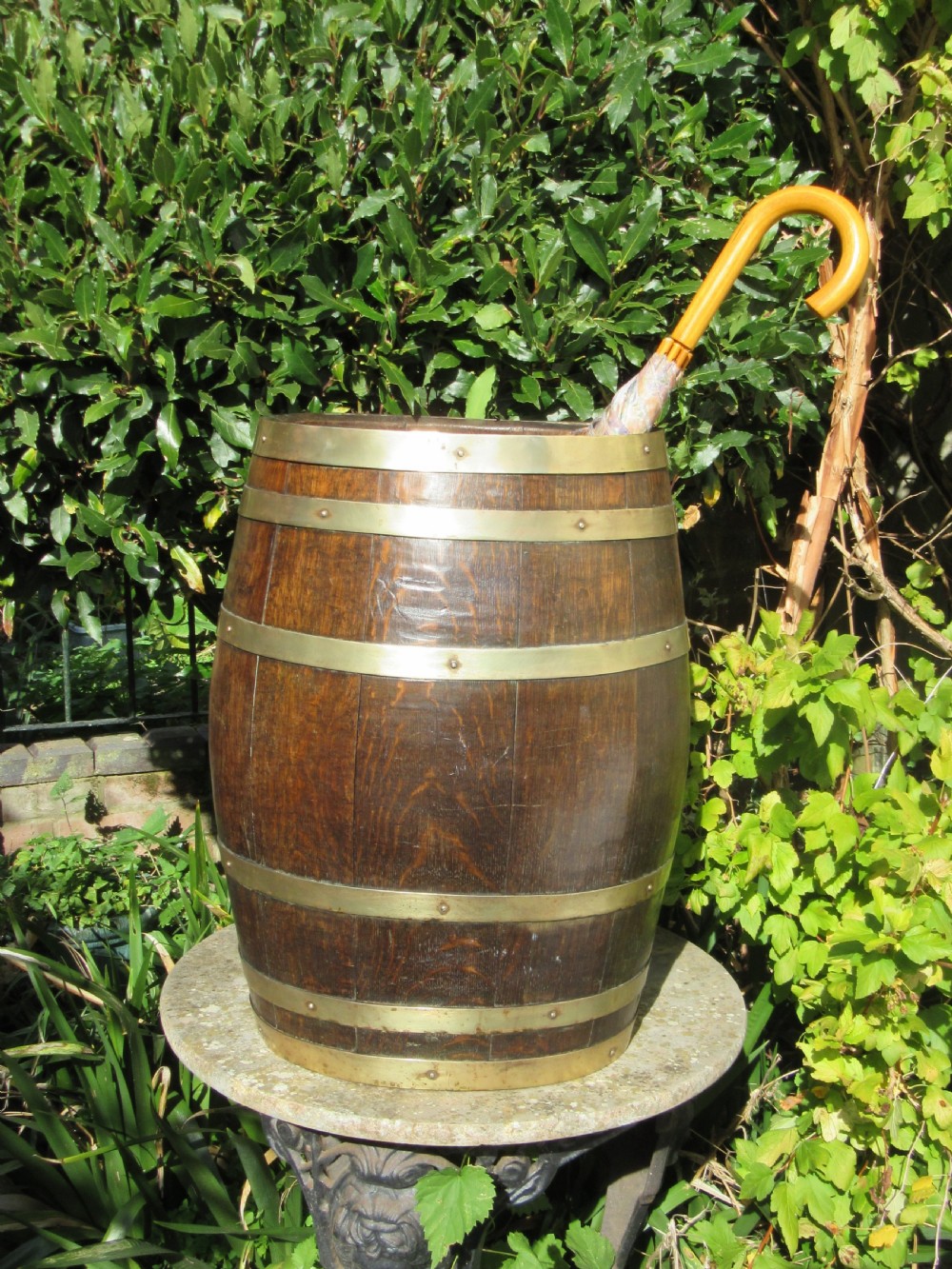 ANTIQUE OVAL COOPERED OAK & BRASS BARREL View III