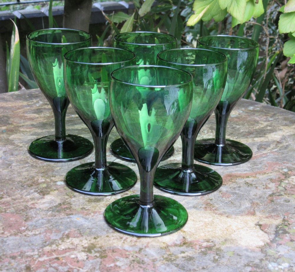 SET OF SIX GEORGIAN GREEN GLASS WINE GLASSES 