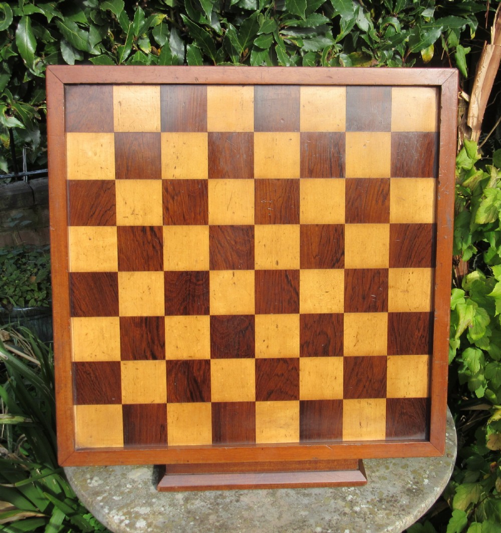 LARGE VICTORIAN ROSEWOOD, MAHOGANY AND MAPLE CHESS BOARD View II