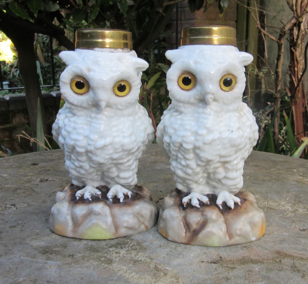 PAIR OF PORCELAIN OWL OIL LAMP BASES  c1880