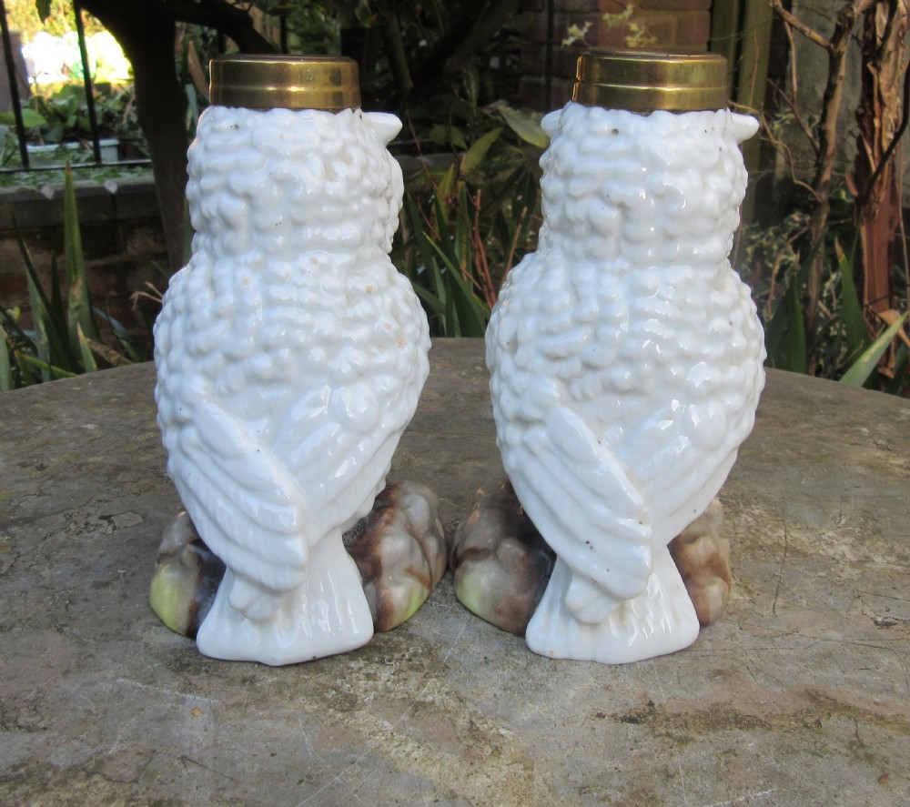 PAIR OF PORCELAIN OWL OIL LAMP BASES  c1880 View II