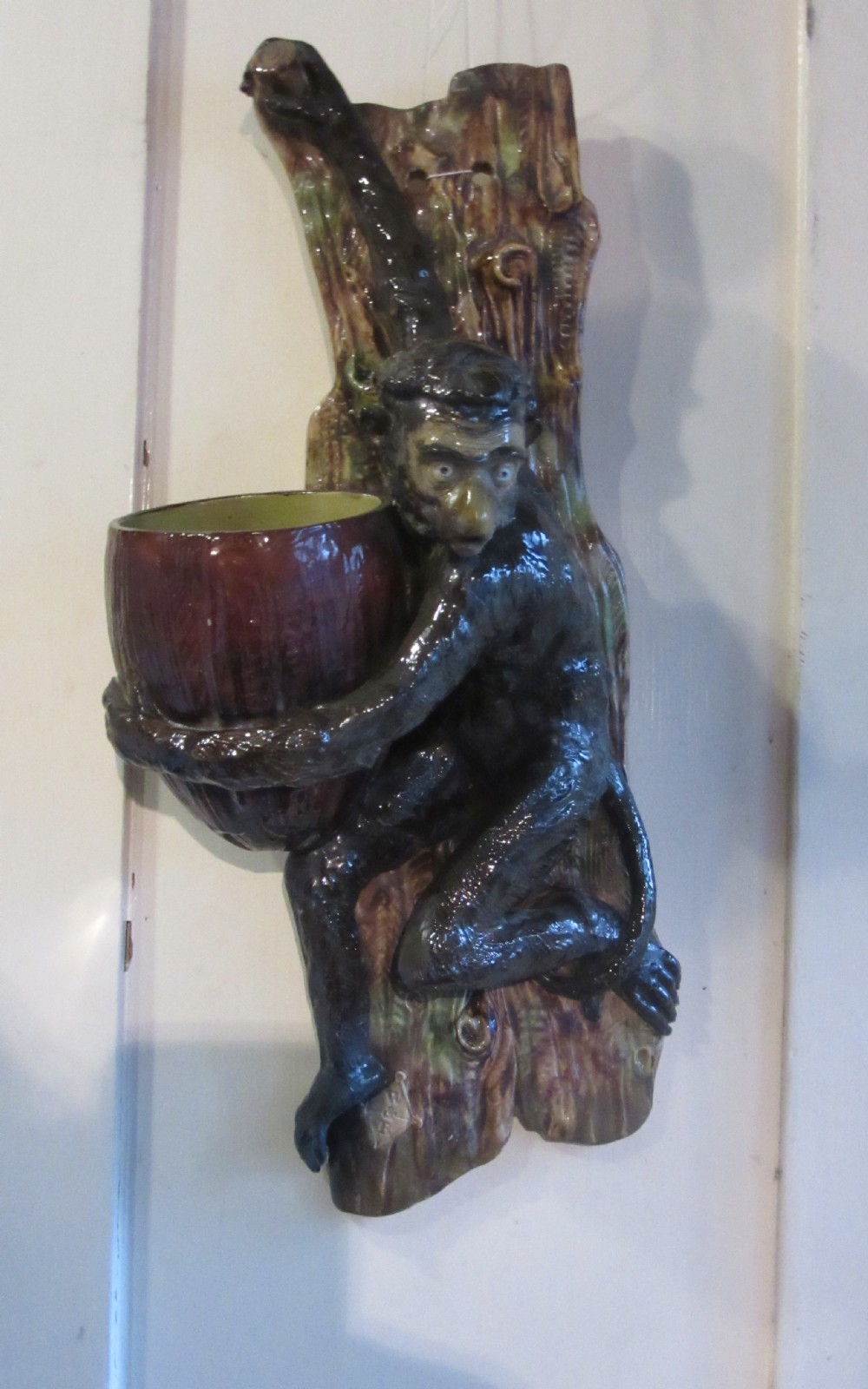 VICTORIAN MAJOLICA MONKEY WALL POCKET W & R c1880