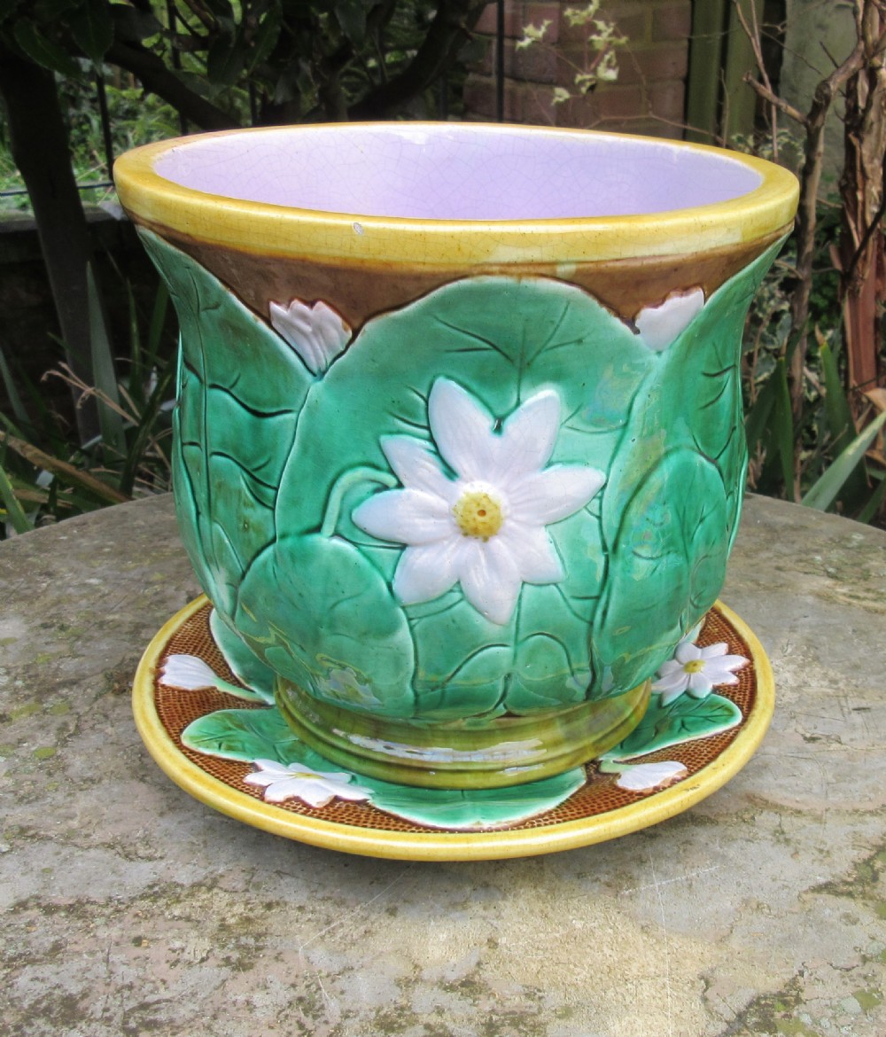 FINE VICTORIAN MAJOLICA WATER LILY JARDINIERE AND STAND