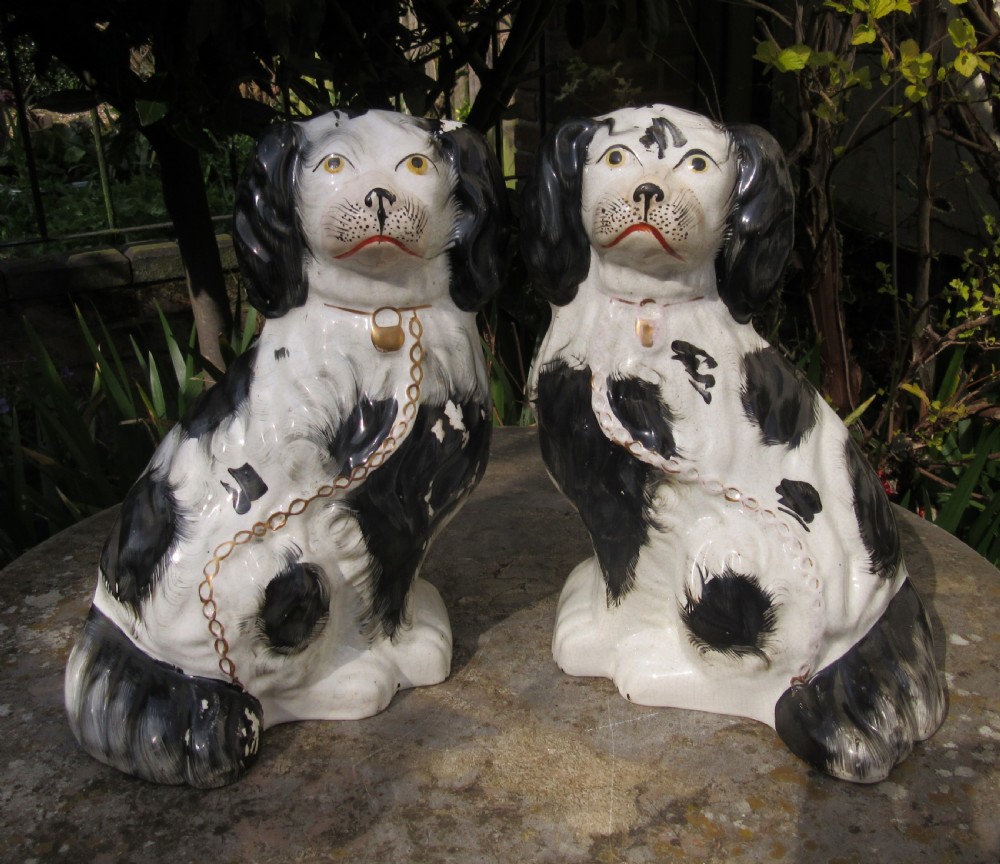 LARGE PAIR OF VICTORIAN STAFFORDSHIRE BLACK & WHITE DOGS  View II