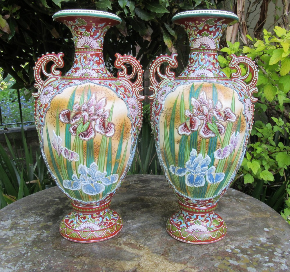 GRAND PAIR OF ORIENTAL SLIP-TRAILED VASES c1900
