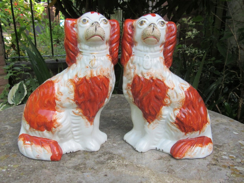 GOOD PAIR OF VICTORIAN RED & WHITE STAFFORDSHIRE DOGS c1860