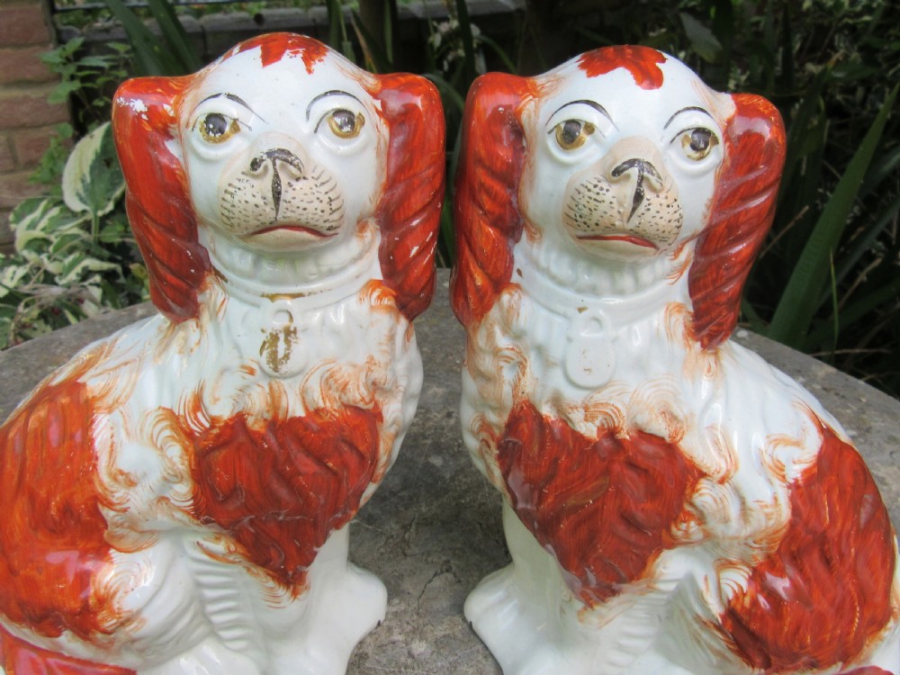 GOOD PAIR OF VICTORIAN RED & WHITE STAFFORDSHIRE DOGS c1860 View II
