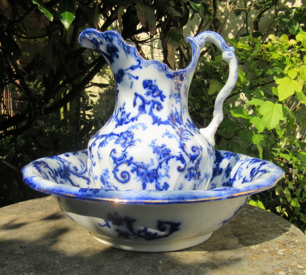 FINE RIDGWAYS GAINSBOROUGH FLOW BLUE JUG & BASIN c1910 View VI