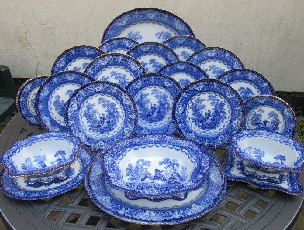 DOULTON WATTEAU FLOW BLUE DINNER SERVICE c1890