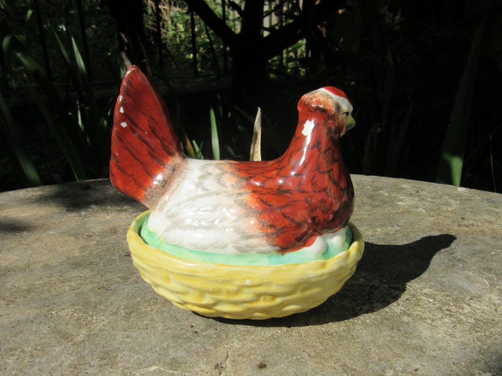 SMALL STAFFORDSHIRE HEN ON NEST EGG CROCK c1860 View II