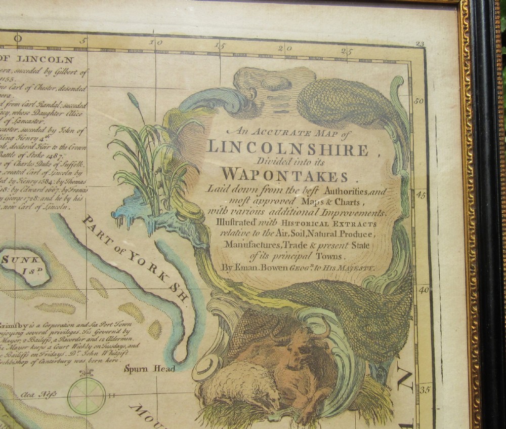 EMANUEL BOWEN ENGRAVED MAP OF LINCOLNSHIRE & ITS WAPONTAKES c1780 View III