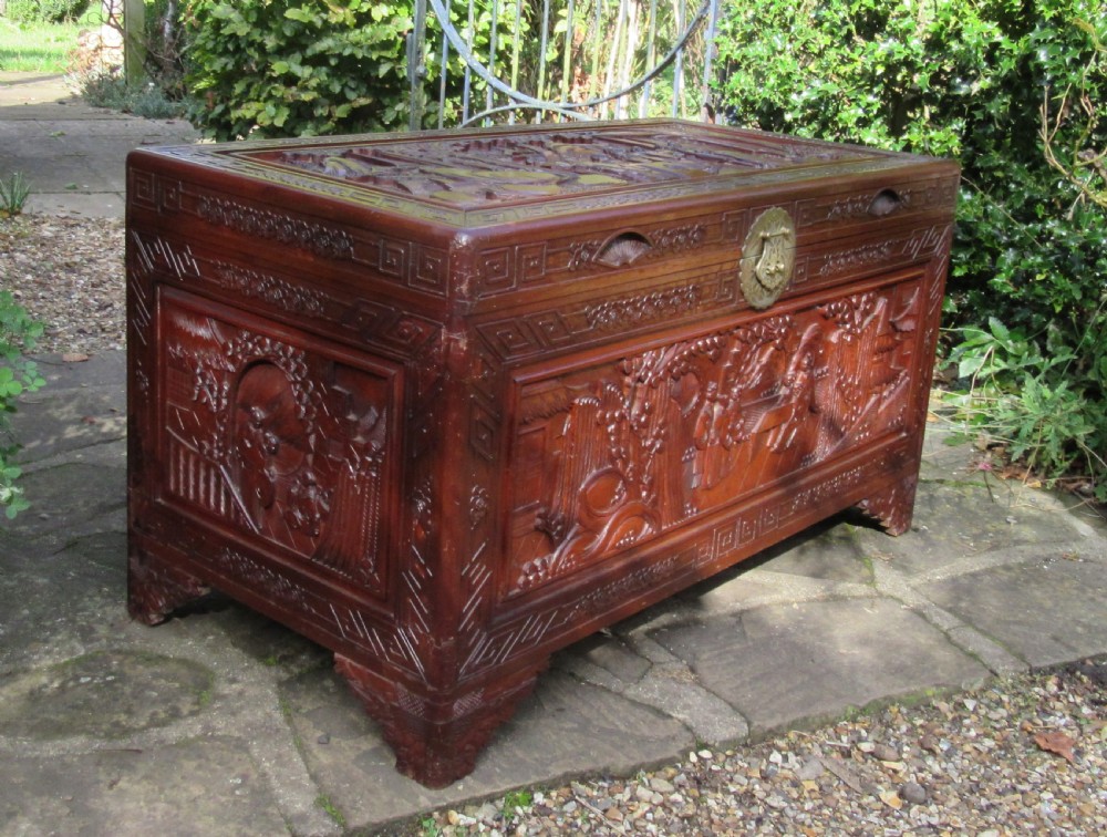 ORIENTAL CARVED CAMPHOR WOOD CHEST  View II