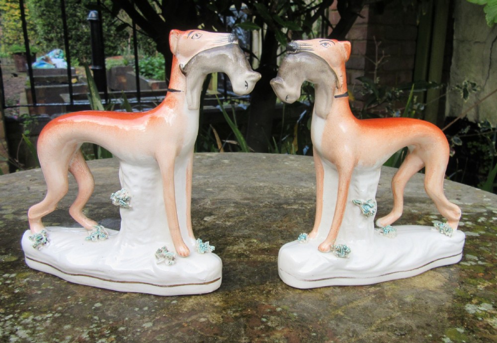 PAIR OF VICTORIAN STAFFORDSHIRE GREYHOUNDS & HARES c1880
