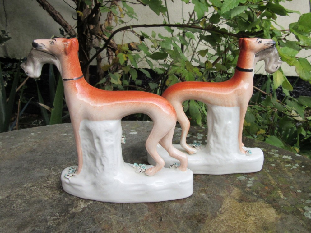 PAIR OF VICTORIAN STAFFORDSHIRE GREYHOUNDS & HARES c1880 View II