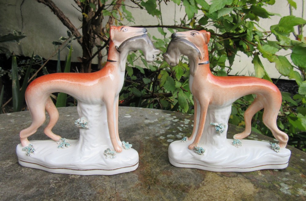 PAIR OF VICTORIAN STAFFORDSHIRE GREYHOUNDS & HARES c1880 View V