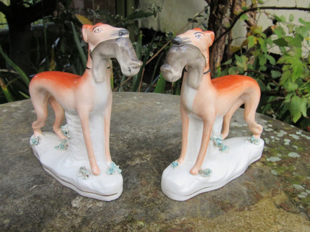PAIR OF VICTORIAN STAFFORDSHIRE GREYHOUNDS & HARES c1880 View VI