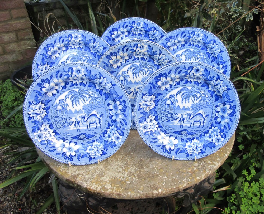 SET OF SIX RILEY'S BLUE & WHITE DROMEDARY PLATES c1820
