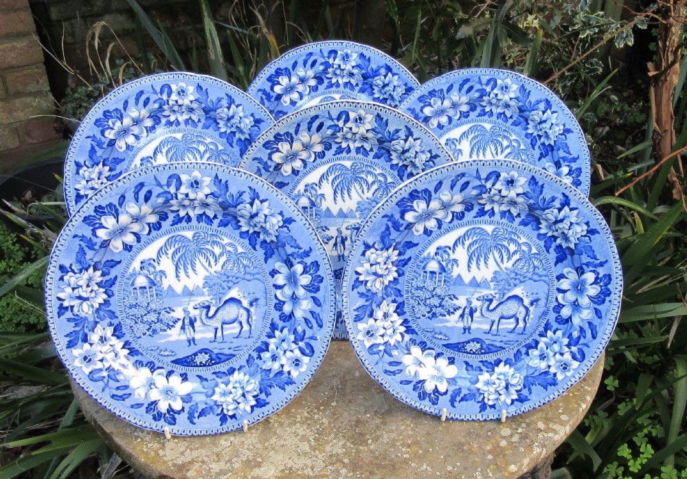 SET OF SIX RILEY'S BLUE & WHITE DROMEDARY PLATES c1820 View IV