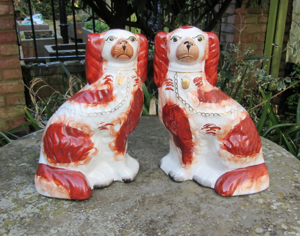 GOOD PAIR OF VICTORIAN STAFFORDSHIRE RED & WHITE DOGS c1860