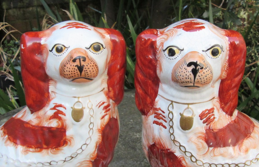 GOOD PAIR OF VICTORIAN STAFFORDSHIRE RED & WHITE DOGS c1860 View II