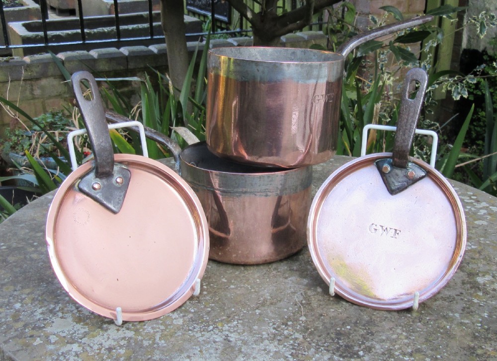 TWO FINE STAMPED COPPER PANS & LIDS c1880 View IV