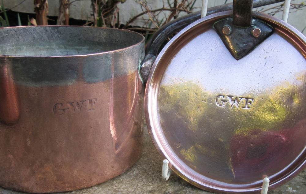 TWO FINE STAMPED COPPER PANS & LIDS c1880 View V