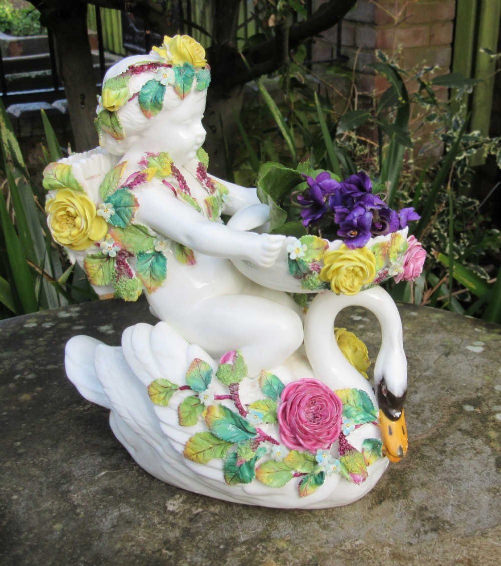 PORCELAIN CHERUB & SWAN FIGURE c1860 View V