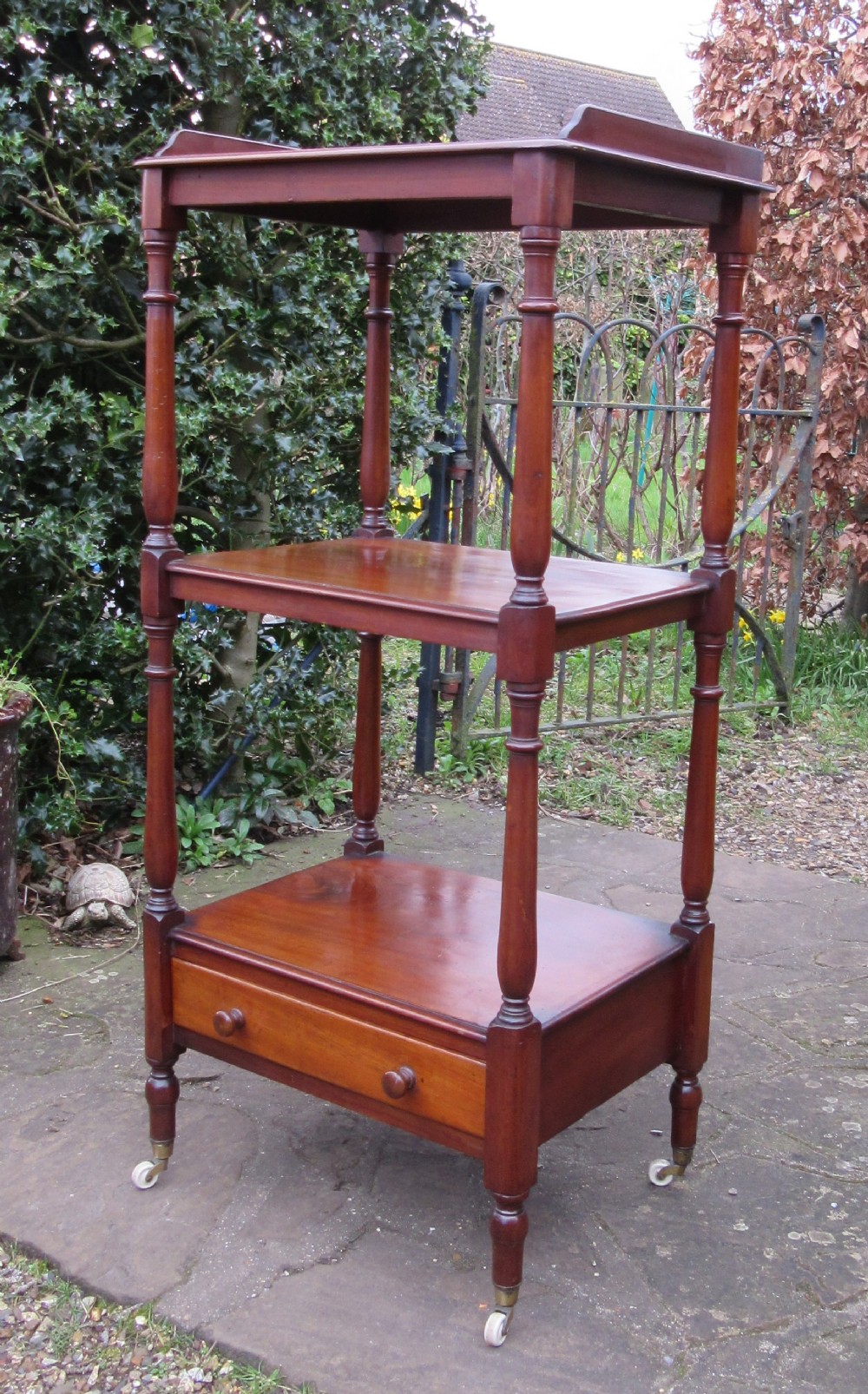 ANTIQUE MAHOGANY THREE TIER GALLERIED WHATNOT c1840