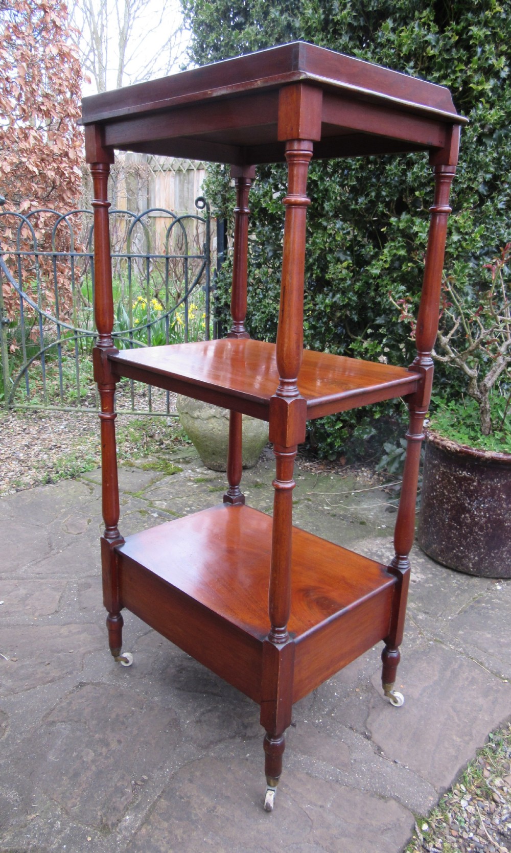 ANTIQUE MAHOGANY THREE TIER GALLERIED WHATNOT c1840 View IV