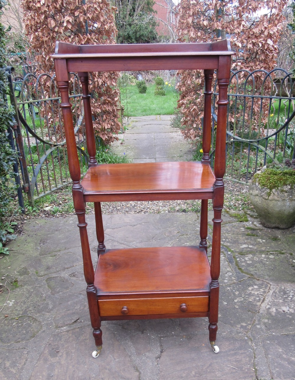 ANTIQUE MAHOGANY THREE TIER GALLERIED WHATNOT c1840 View VI