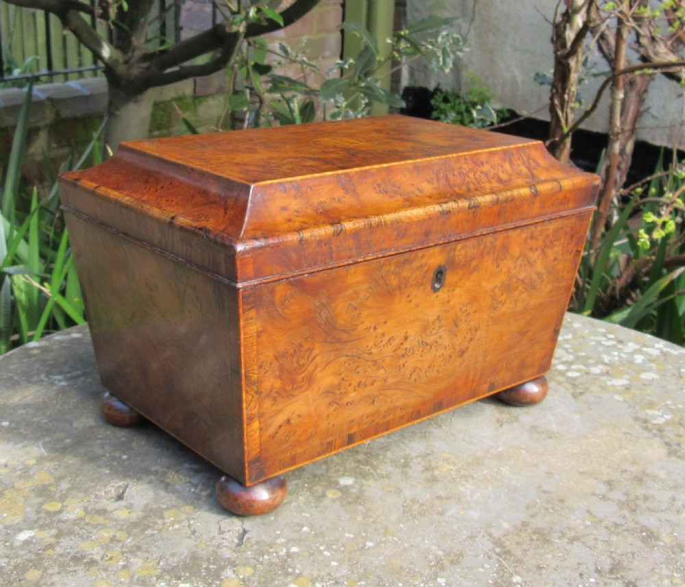 FINE GEORGIAN BURR YEW 'AULD LANG SYNE' WORK BOX