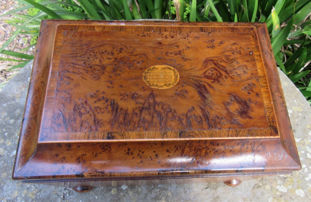 FINE GEORGIAN BURR YEW 'AULD LANG SYNE' WORK BOX View II