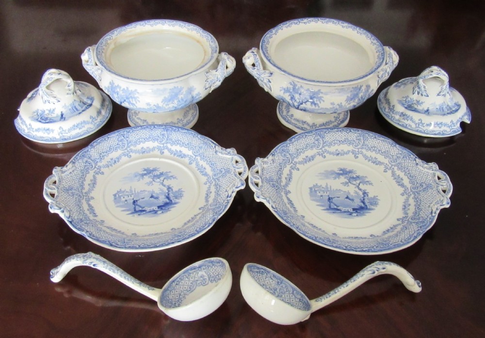 LARGE RIDGWAY HUMPHREY'S CLOCK BLUE & WHITE DINNER SERVICE c1840 View VIII