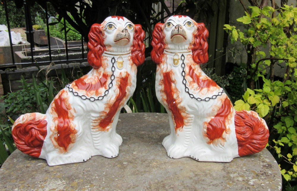 GRAND PAIR OF RED & WHITE STAFFORDSHIRE DOGS c1860