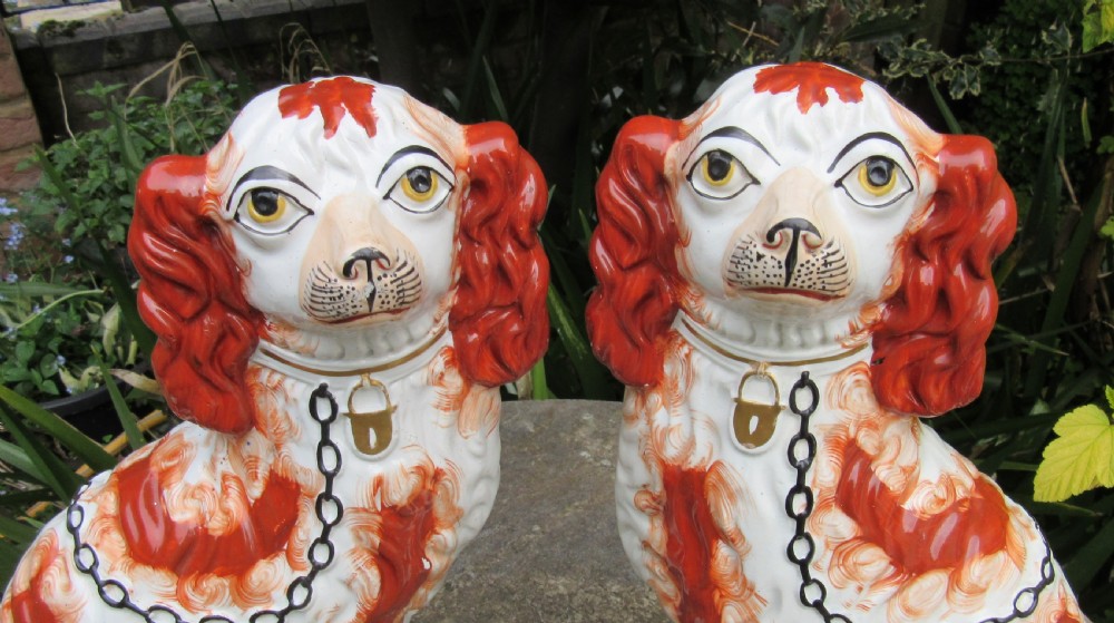 GRAND PAIR OF RED & WHITE STAFFORDSHIRE DOGS c1860 View III