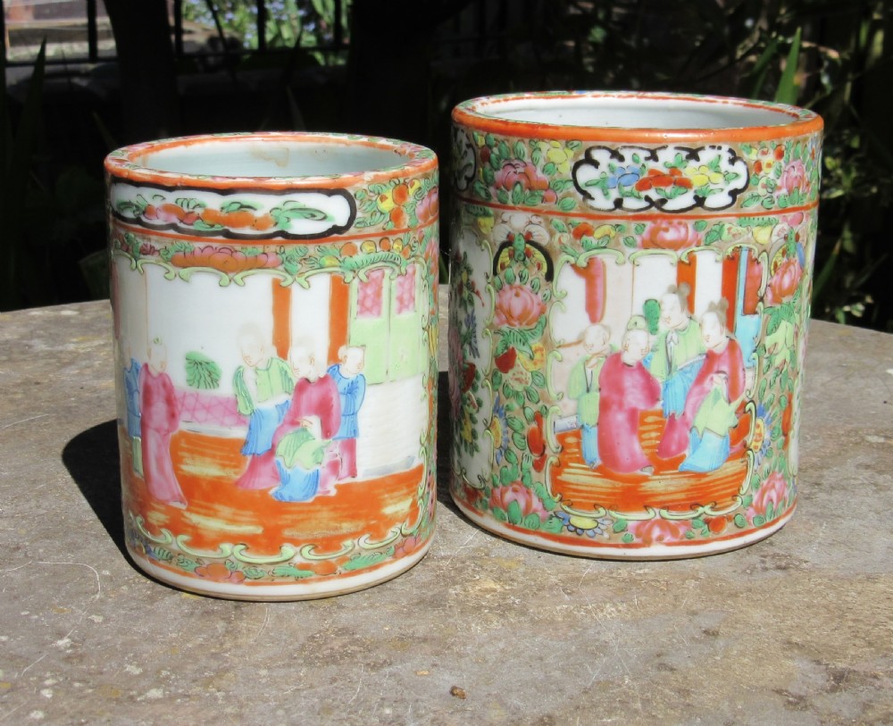TWO CHINESE CANTONESE FAMILLE ROSE BRUSH POTS c1880