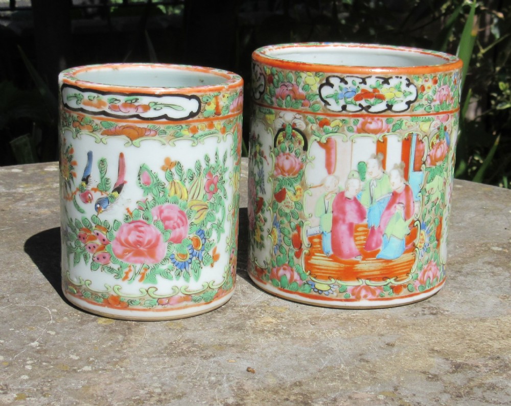 TWO CHINESE CANTONESE FAMILLE ROSE BRUSH POTS c1880 View V
