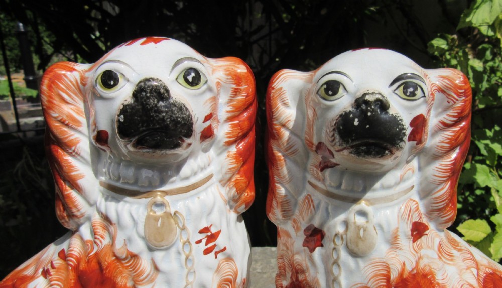 GOOD PAIR OF RED & WHITE STAFFORDSHIRE DOGS c1860 View III