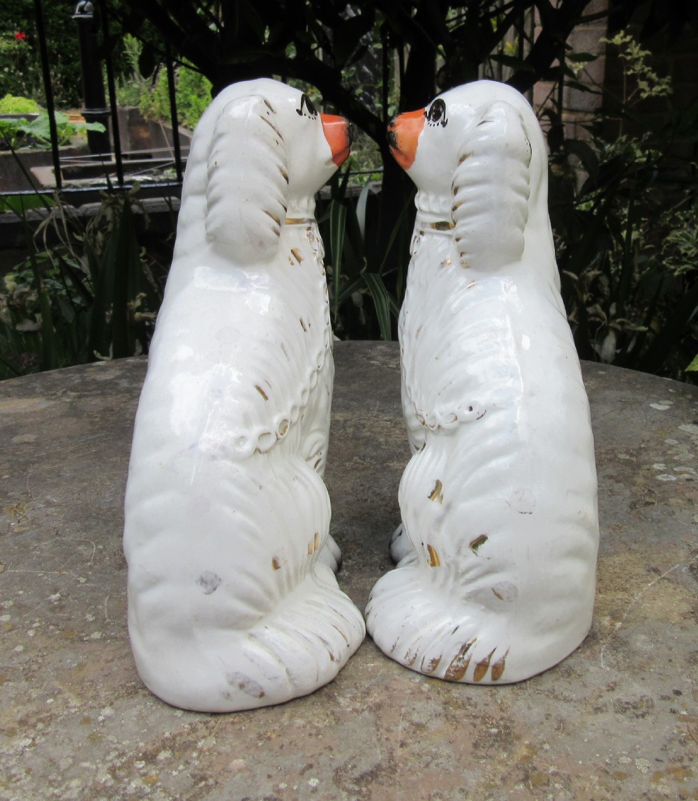 PAIR OF VICTORIAN WHITE & GILT STAFFORDSHIRE DOGS c1880 View II