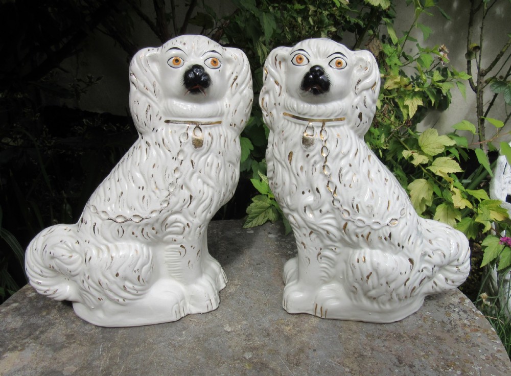 LARGE PAIR OF WHITE & GILT STAFFORDSHIRE DOGS c1880
