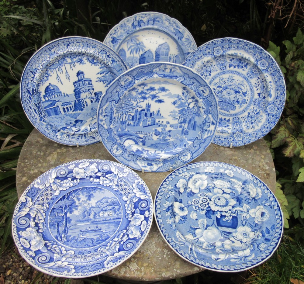 COLLECTION OF 6 ENGLISH BLUE & WHITE PLATES c1830