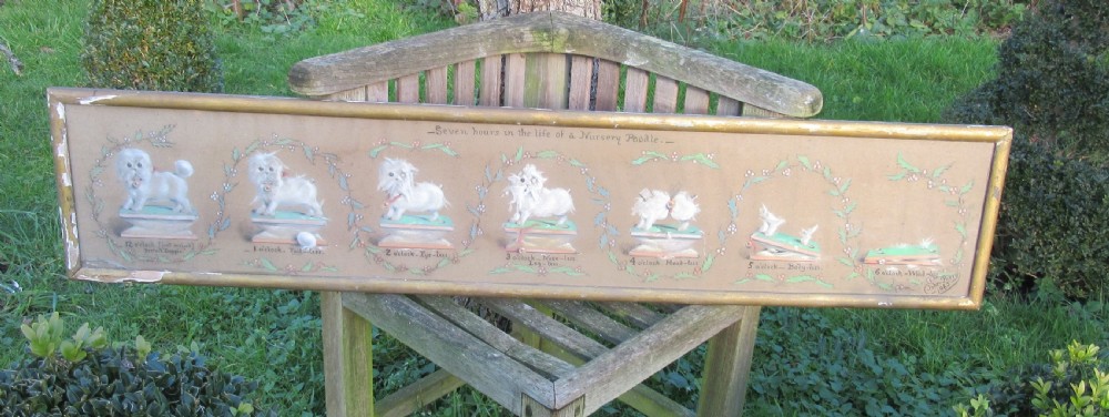 A panoramic Victorian pastel drawing in a gilded frame depicting seven sequential panels of a white poodle framed by foliate wreaths.