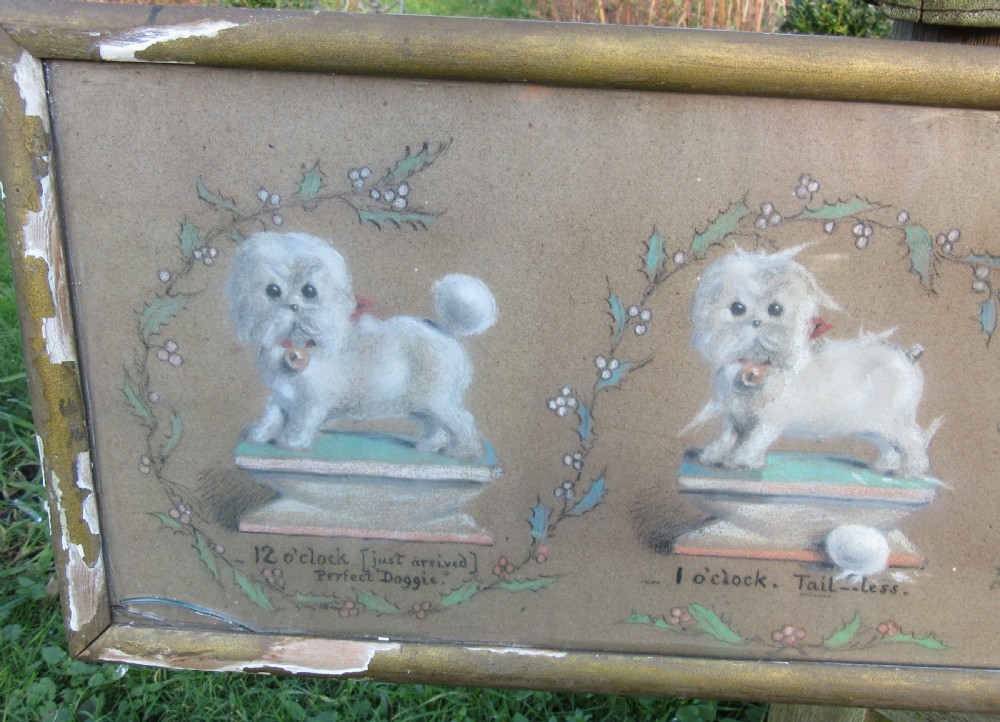 A panoramic Victorian pastel drawing in a gilded frame depicting seven sequential panels of a white poodle framed by foliate wreaths. View II