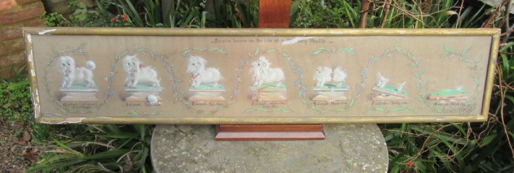 A panoramic Victorian pastel drawing in a gilded frame depicting seven sequential panels of a white poodle framed by foliate wreaths. View III