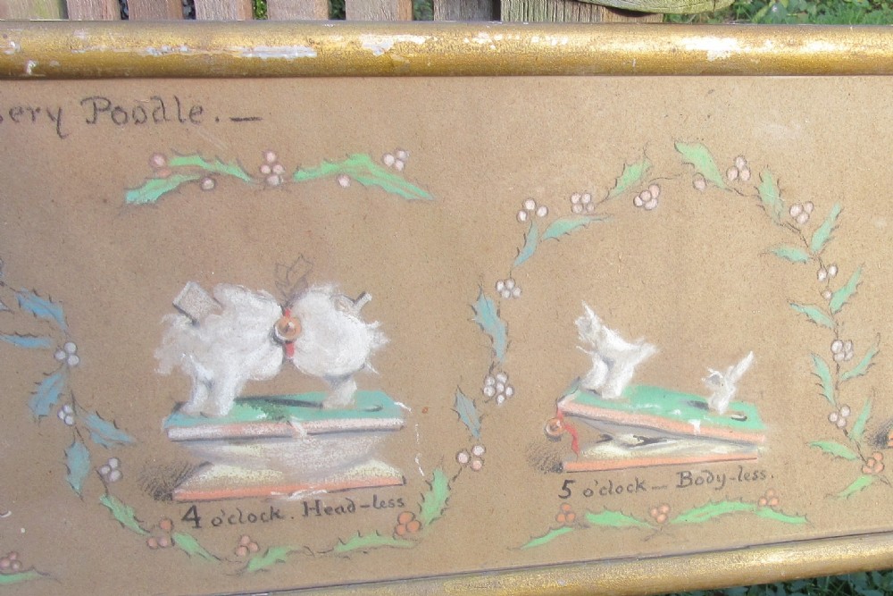 A panoramic Victorian pastel drawing in a gilded frame depicting seven sequential panels of a white poodle framed by foliate wreaths. View V