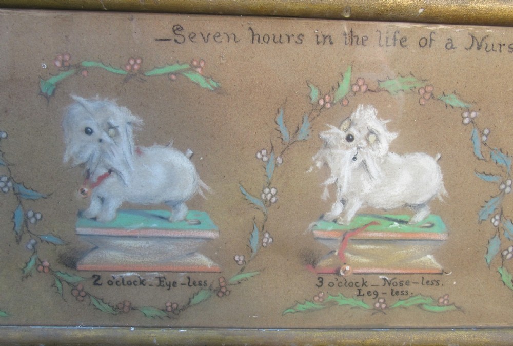 A panoramic Victorian pastel drawing in a gilded frame depicting seven sequential panels of a white poodle framed by foliate wreaths. View VI