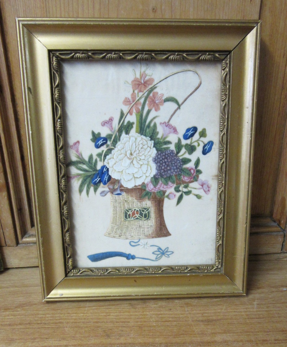 A 19th-century Chinese painting showing a woven basket filled with flowers inside a moulded gilt frame. View IV