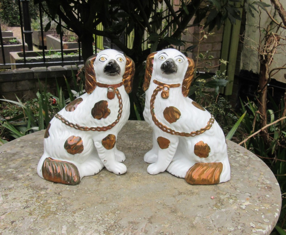 PAIR VICTORIAN STAFFORDSHIRE COPPER LUSTRE DOGS c1860 View V